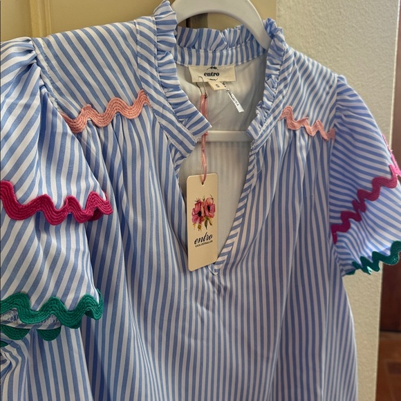 Entro NWT Light Blue and White Striped Blouse with Pink and Green Ric Rac - Picture 6 of 8